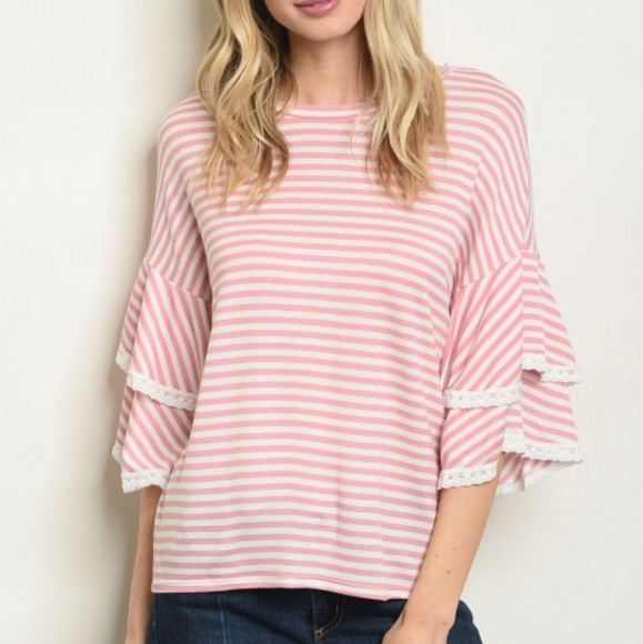 Pink and white striped ruffle bell sleeve top - Picture 2 of 3